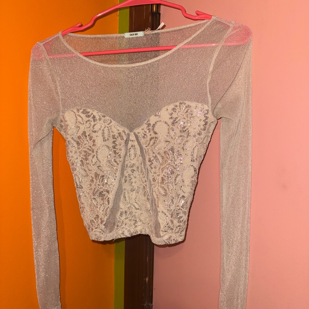 Kimchi Blue Glitter Sheer Lace Blouse - Cream
